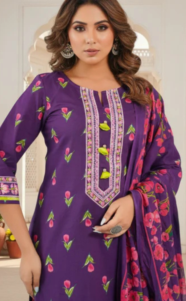 Dark Violet Floral Jaipur Cotton Kurti With Pant And Dupatta Set. Pure Versatile Cotton. | Laces and Frills