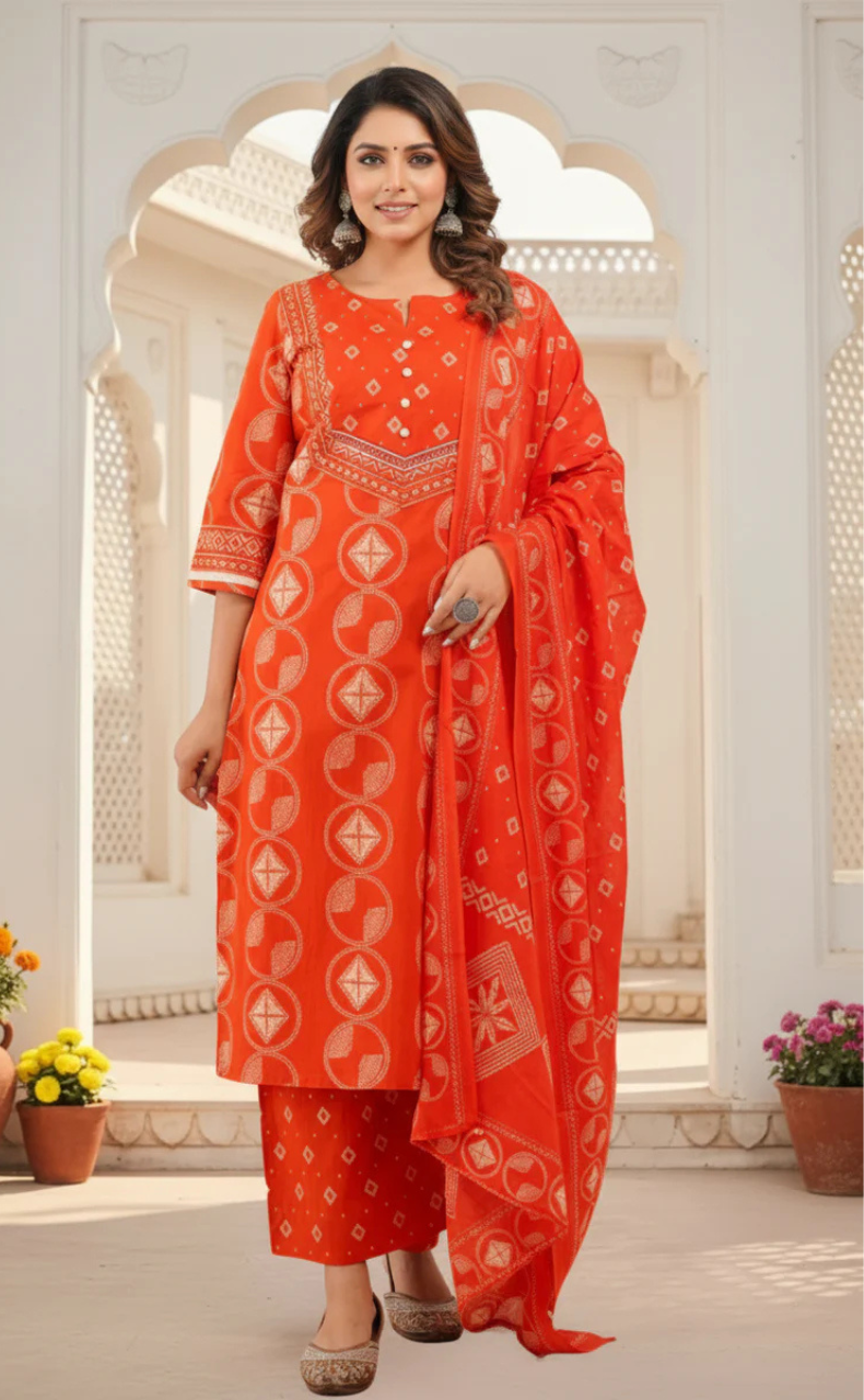 Orange Batik Jaipur Cotton Kurti With Pant And Dupatta Set. Pure Versatile Cotton. | Laces and Frills