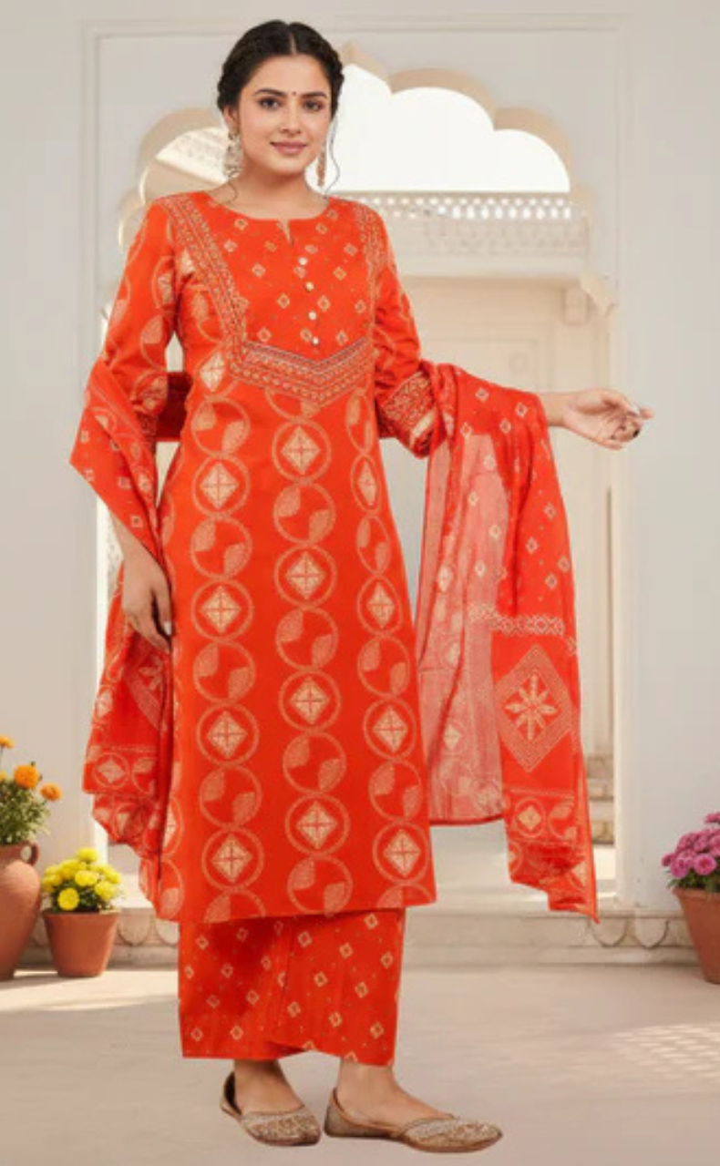 Orange Batik Jaipur Cotton Kurti With Pant And Dupatta Set. Pure Versatile Cotton. | Laces and Frills