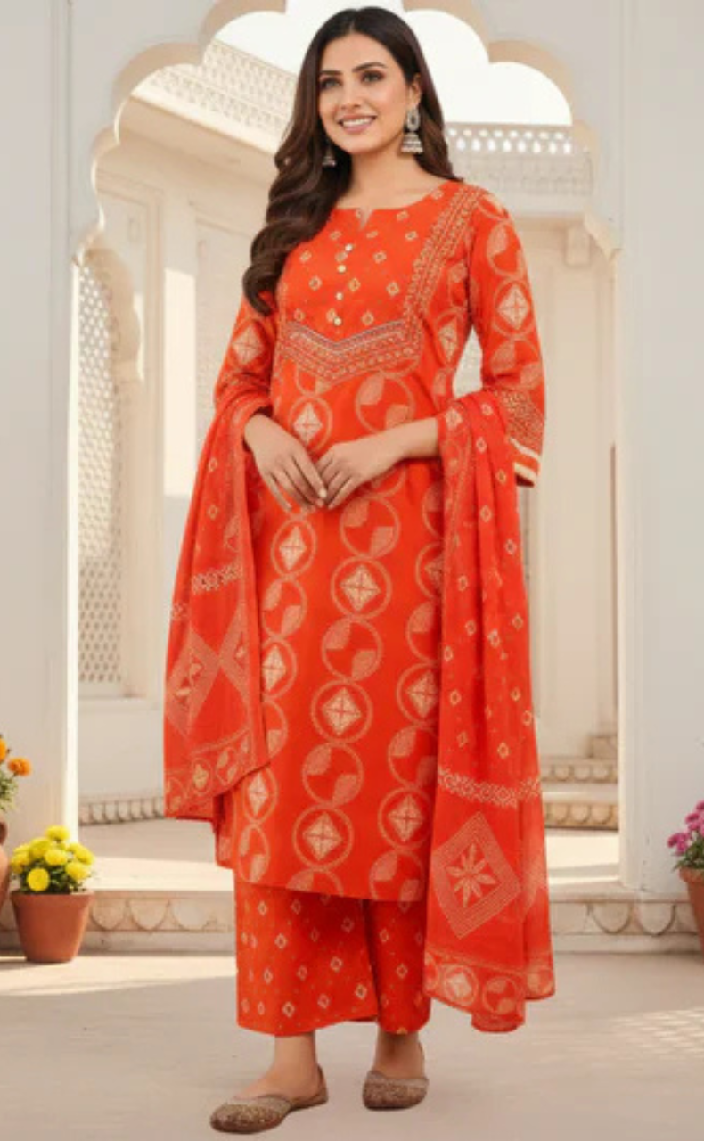 Orange Batik Jaipur Cotton Kurti With Pant And Dupatta Set. Pure Versatile Cotton. | Laces and Frills