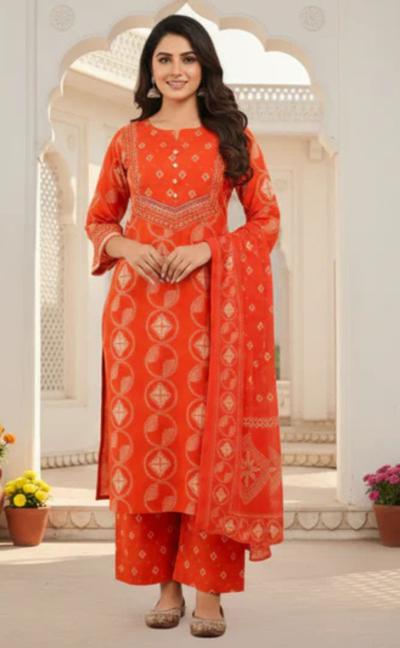 Orange Batik Jaipur Cotton Kurti With Pant And Dupatta Set. Pure Versatile Cotton. | Laces and Frills