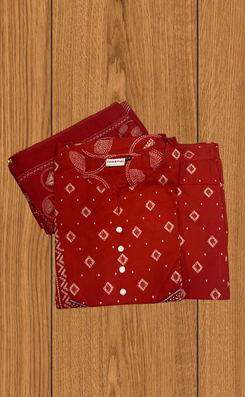 Orange Batik Jaipur Cotton Kurti With Pant And Dupatta Set. Pure Versatile Cotton. | Laces and Frills