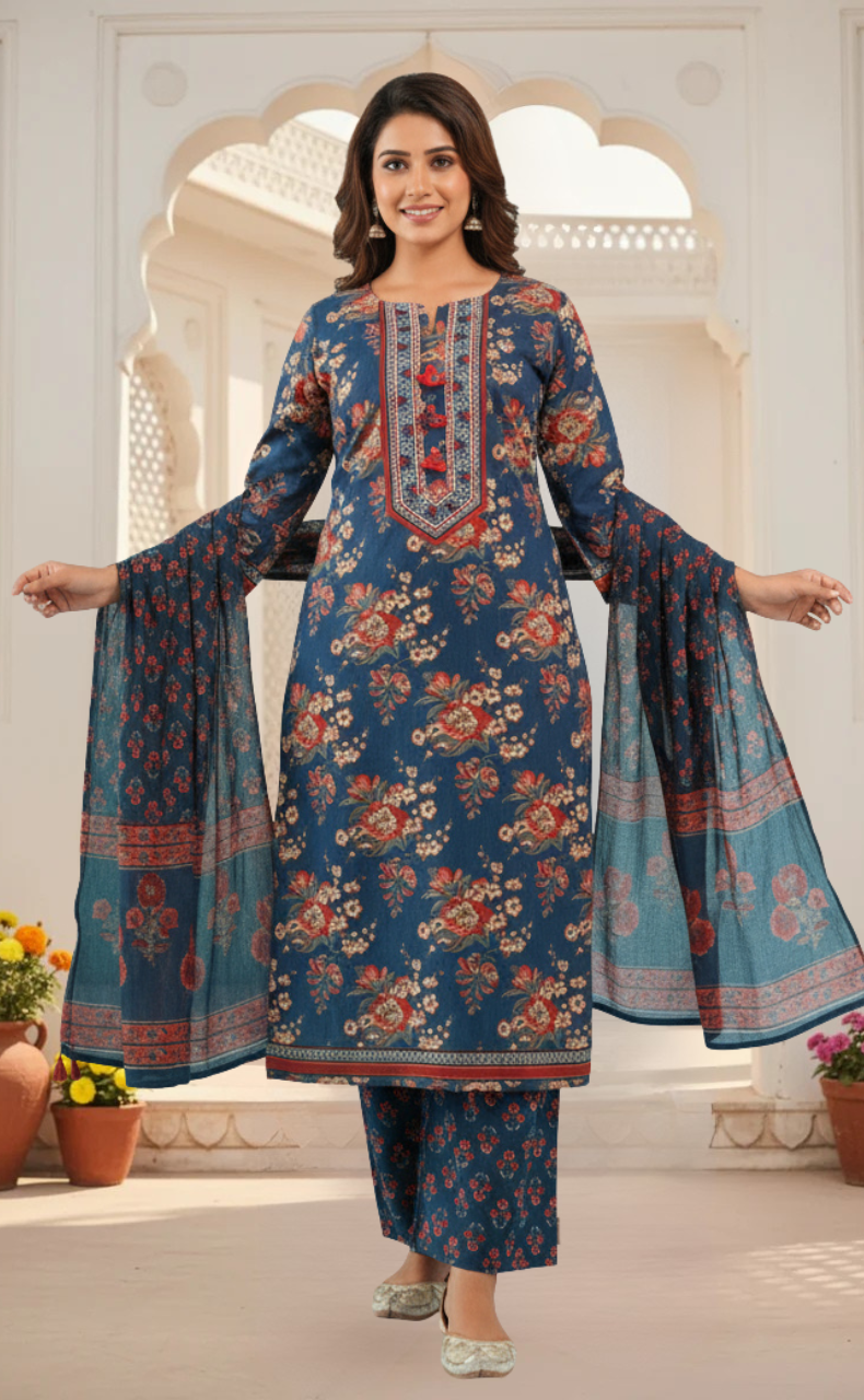 Indigo Blue Garden Jaipur Cotton Kurti With Pant And Dupatta Set. Pure Versatile Cotton. | Laces and Frills