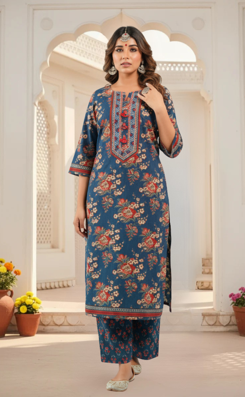 Indigo Blue Garden Jaipur Cotton Kurti With Pant And Dupatta Set. Pure Versatile Cotton. | Laces and Frills