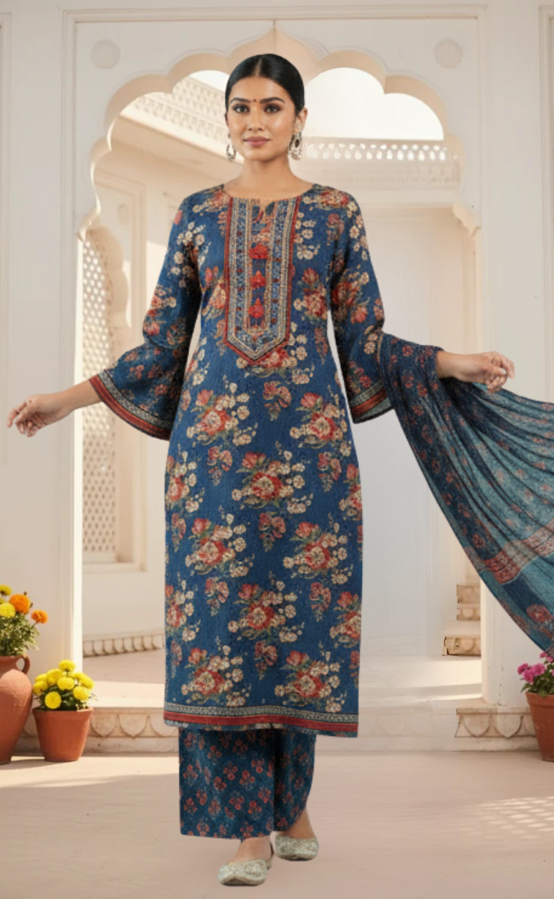 Indigo Blue Garden Jaipur Cotton Kurti With Pant And Dupatta Set. Pure Versatile Cotton. | Laces and Frills