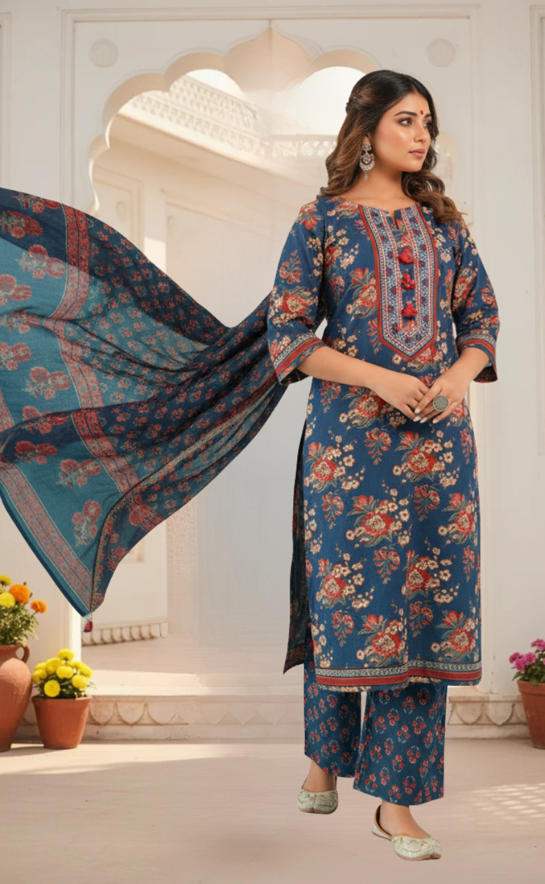 Indigo Blue Garden Jaipur Cotton Kurti With Pant And Dupatta Set. Pure Versatile Cotton. | Laces and Frills