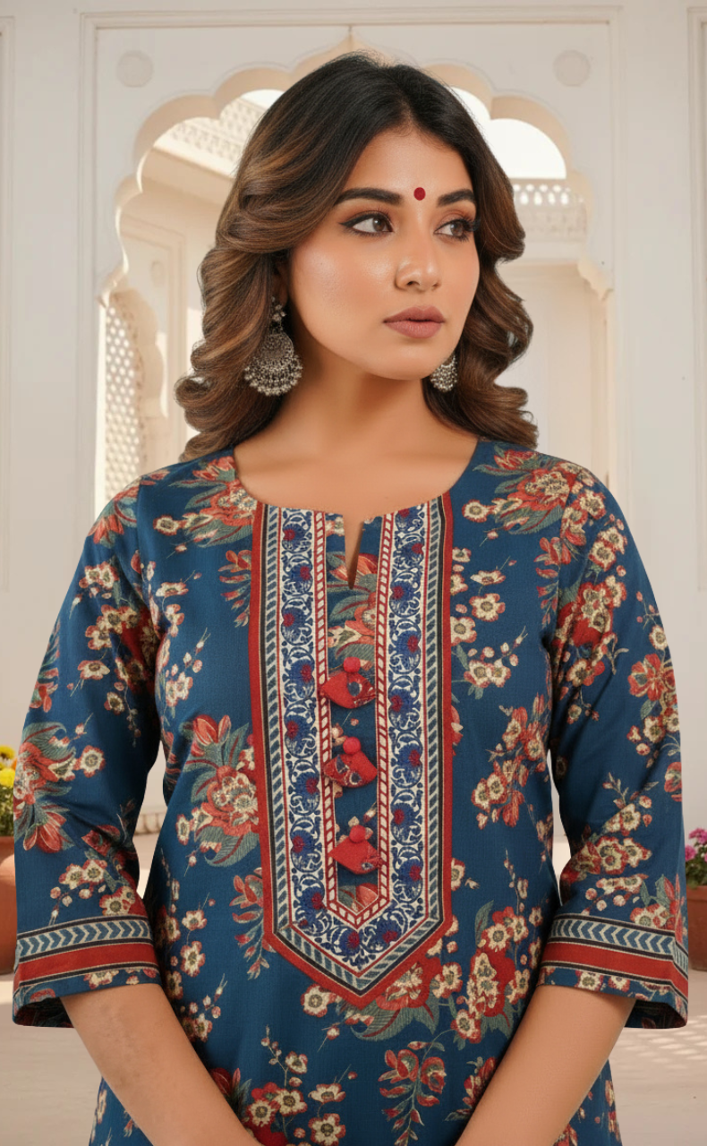 Indigo Blue Garden Jaipur Cotton Kurti With Pant And Dupatta Set. Pure Versatile Cotton. | Laces and Frills