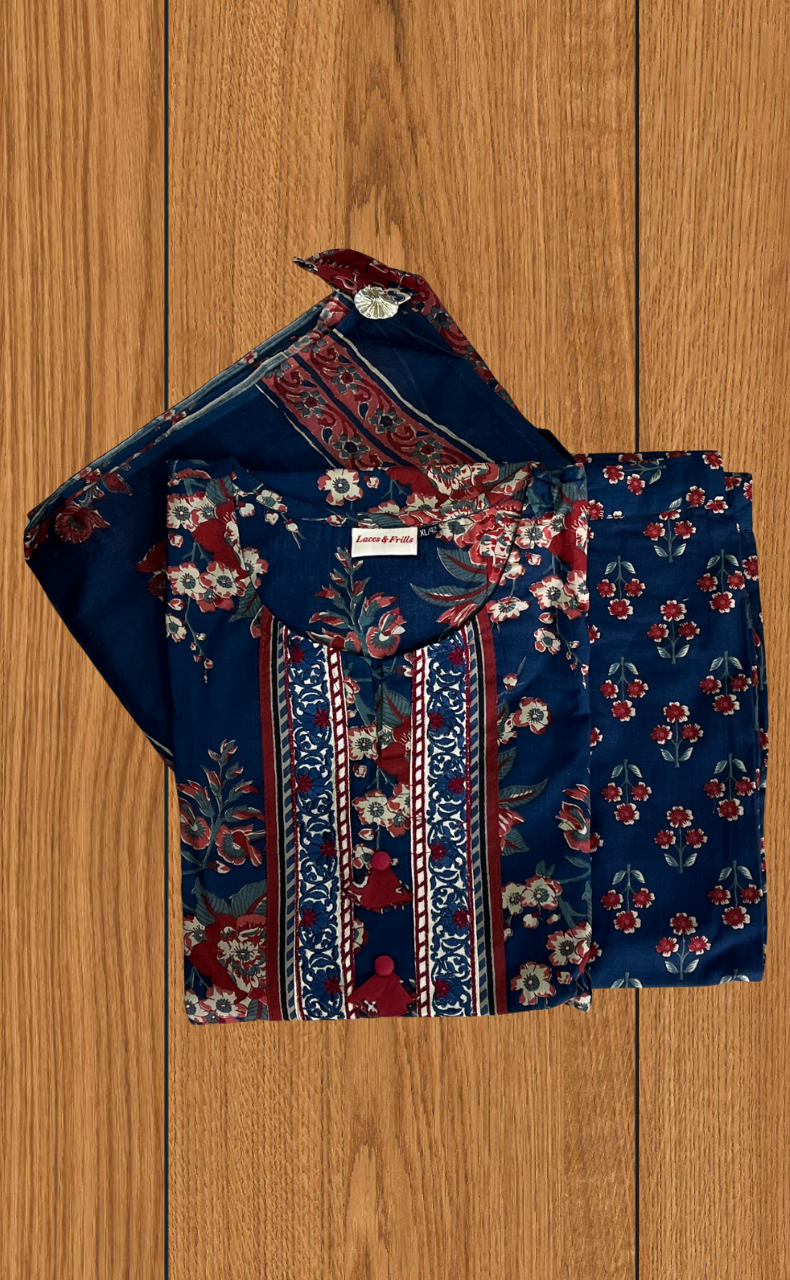 Indigo Blue Garden Jaipur Cotton Kurti With Pant And Dupatta Set. Pure Versatile Cotton. | Laces and Frills
