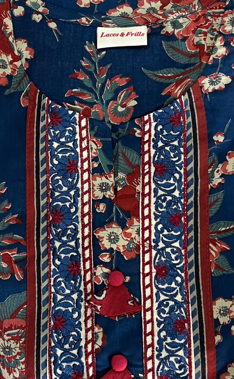 Indigo Blue Garden Jaipur Cotton Kurti With Pant And Dupatta Set. Pure Versatile Cotton. | Laces and Frills