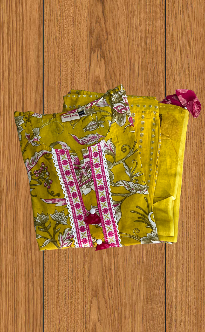 Yellow Garden Jaipur Cotton Kurti With Pant And Dupatta Set. Pure Versatile Cotton. | Laces and Frills