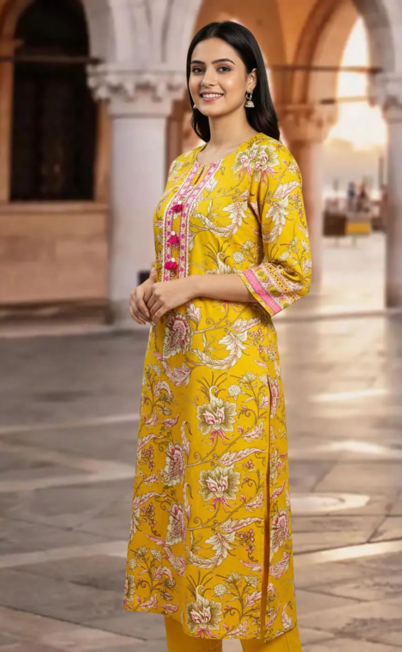 Yellow Garden Jaipur Cotton Kurti With Pant And Dupatta Set. Pure Versatile Cotton. | Laces and Frills