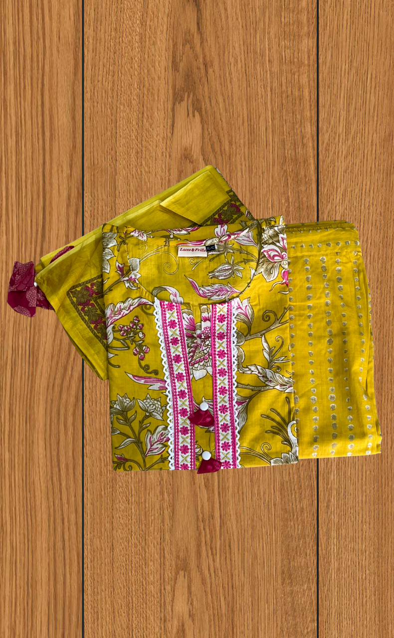 Yellow Garden Jaipur Cotton Kurti With Pant And Dupatta Set. Pure Versatile Cotton. | Laces and Frills
