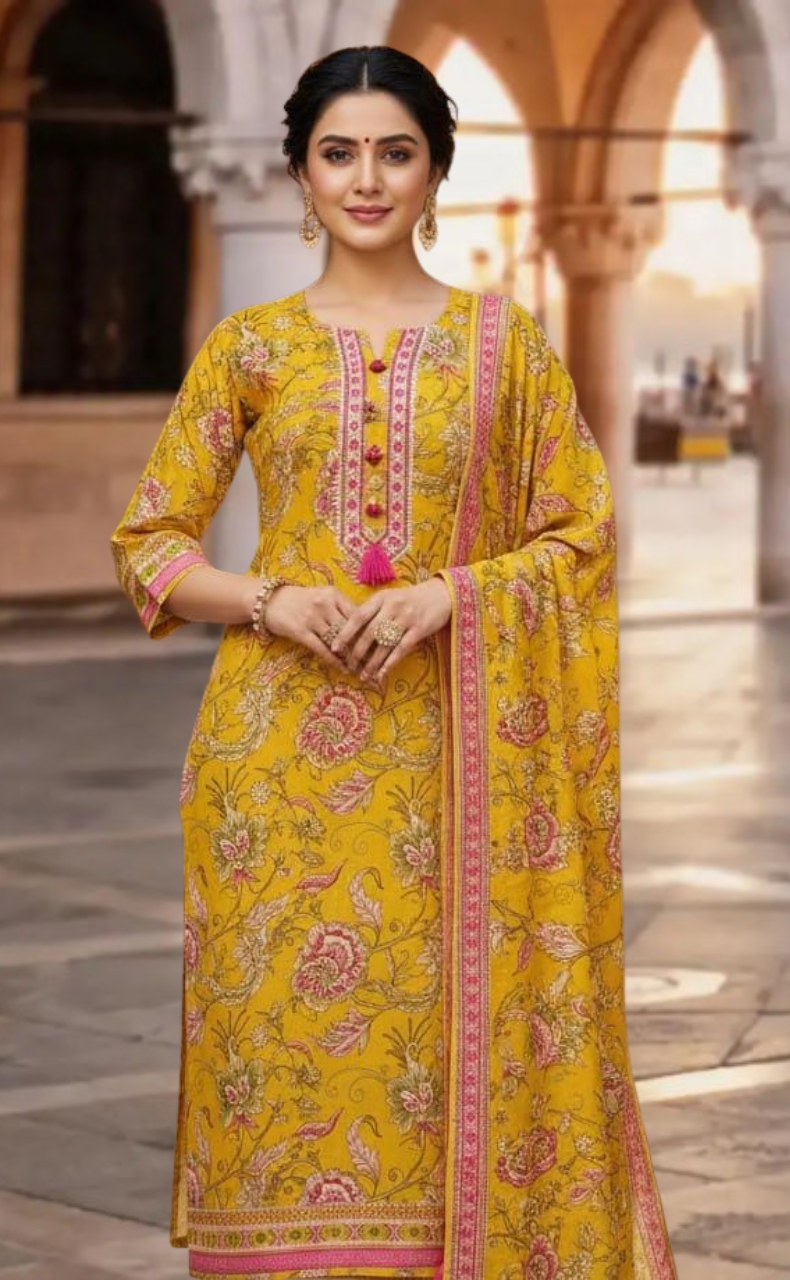 Yellow Garden Jaipur Cotton Kurti With Pant And Dupatta Set. Pure Versatile Cotton. | Laces and Frills