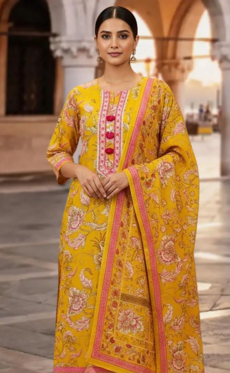 Yellow Garden Jaipur Cotton Kurti With Pant And Dupatta Set. Pure Versatile Cotton. | Laces and Frills