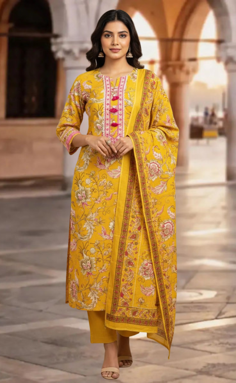 Yellow Garden Jaipur Cotton Kurti With Pant And Dupatta Set. Pure Versatile Cotton. | Laces and Frills