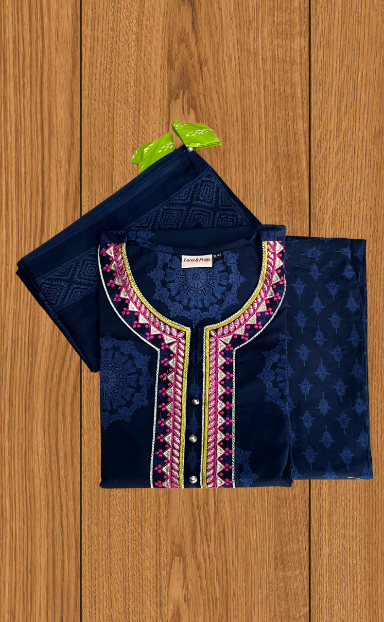 Navy Blue Motif Jaipur Cotton Kurti With Pant And Dupatta Set. Pure Versatile Cotton. | Laces and Frills