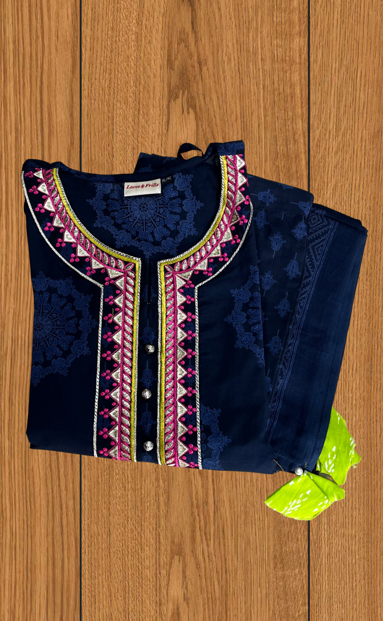 Navy Blue Motif Jaipur Cotton Kurti With Pant And Dupatta Set. Pure Versatile Cotton. | Laces and Frills