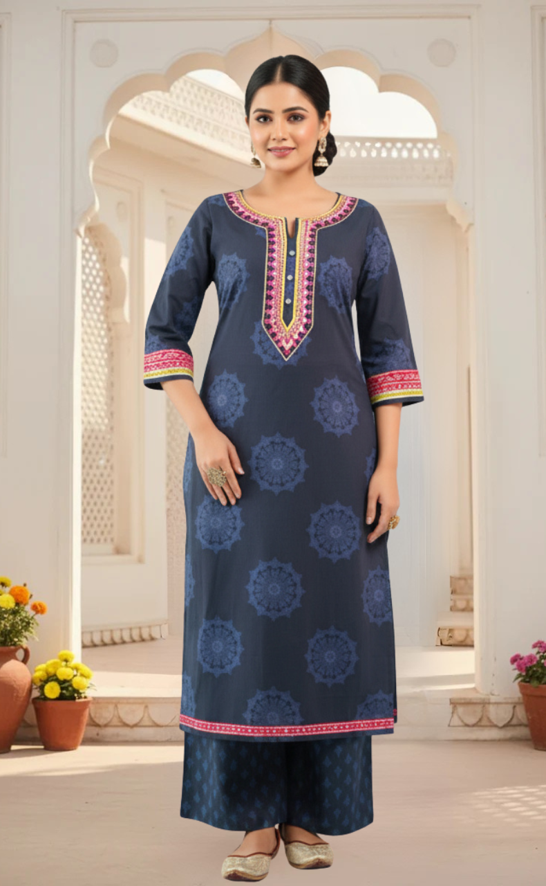 Navy Blue Motif Jaipur Cotton Kurti With Pant And Dupatta Set. Pure Versatile Cotton. | Laces and Frills