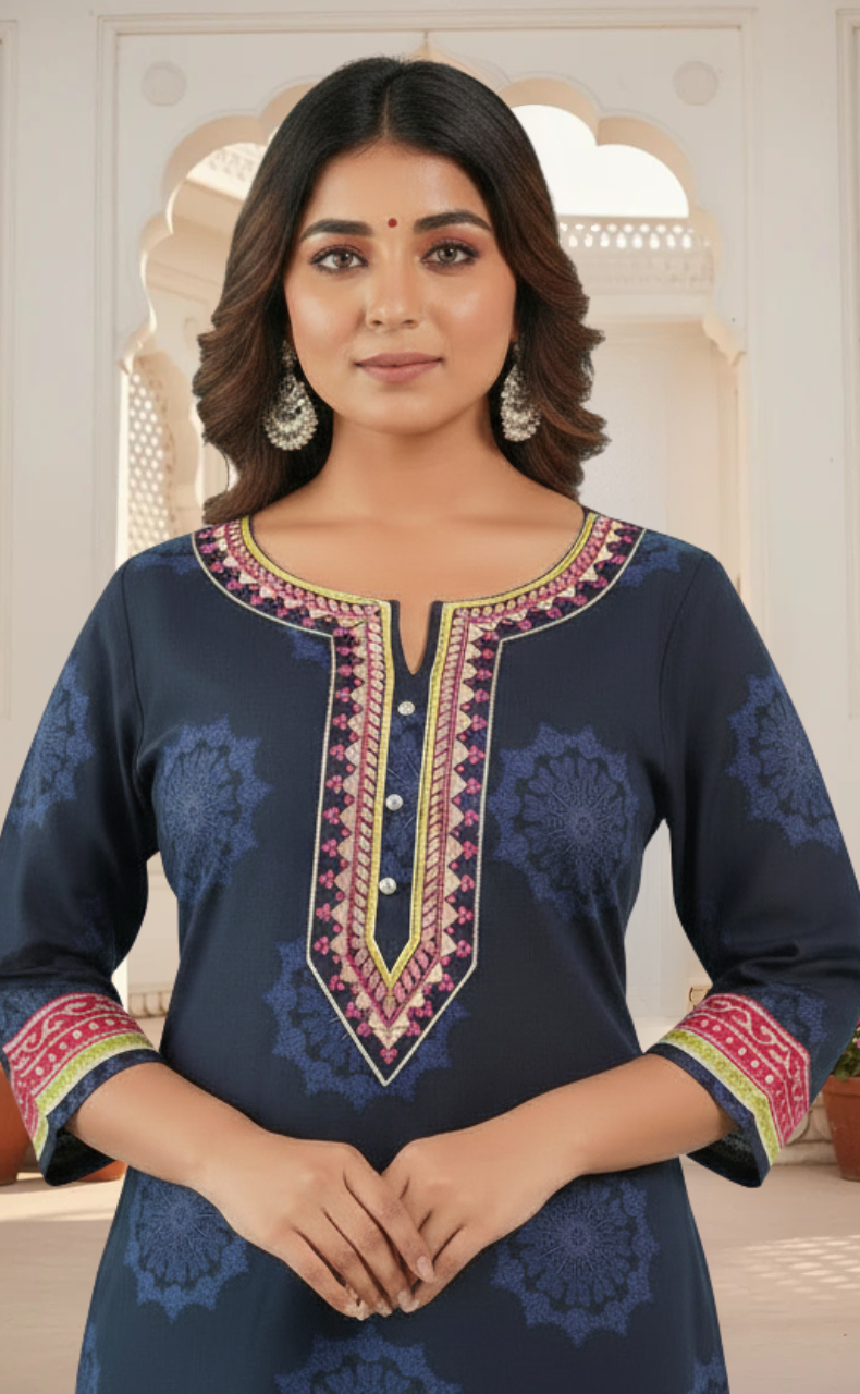 Navy Blue Motif Jaipur Cotton Kurti With Pant And Dupatta Set. Pure Versatile Cotton. | Laces and Frills