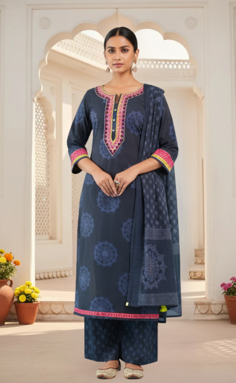 Navy Blue Motif Jaipur Cotton Kurti With Pant And Dupatta Set. Pure Versatile Cotton. | Laces and Frills