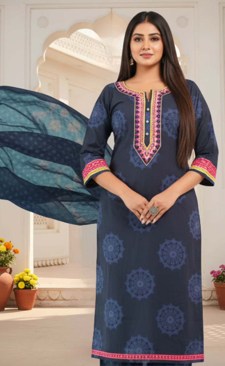 Navy Blue Motif Jaipur Cotton Kurti With Pant And Dupatta Set. Pure Versatile Cotton. | Laces and Frills