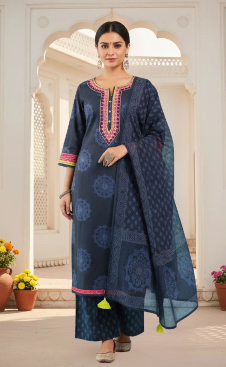 Navy Blue Motif Jaipur Cotton Kurti With Pant And Dupatta Set. Pure Versatile Cotton. | Laces and Frills