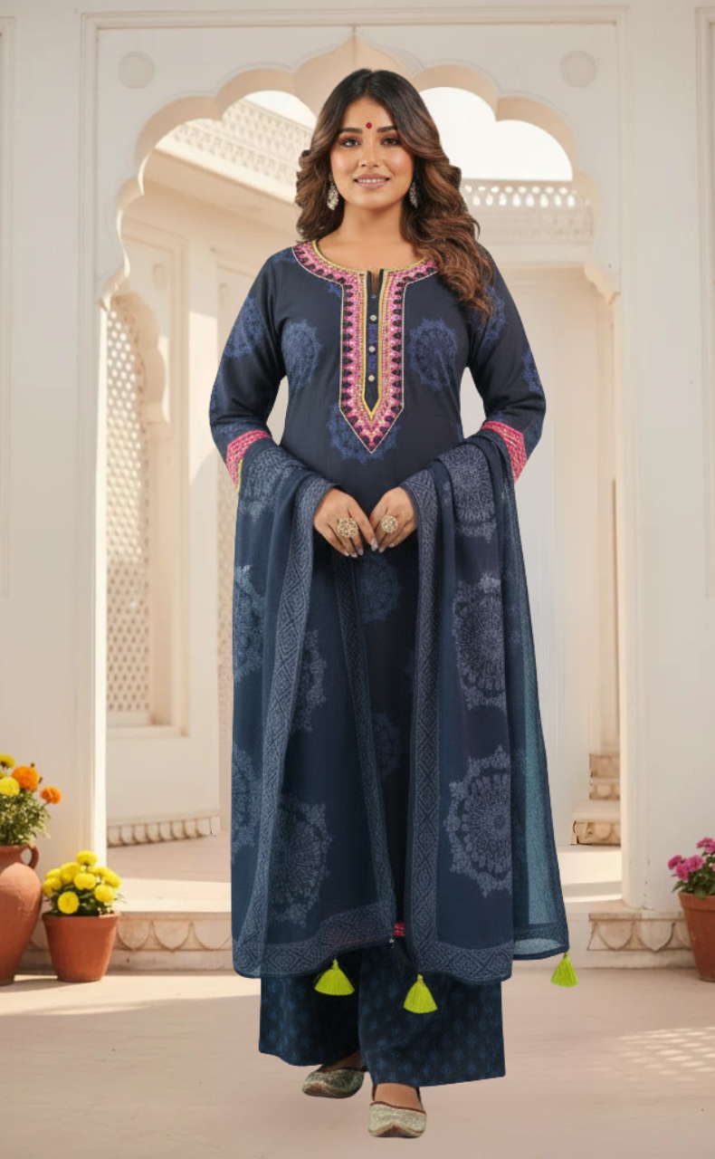 Navy Blue Motif Jaipur Cotton Kurti With Pant And Dupatta Set. Pure Versatile Cotton. | Laces and Frills