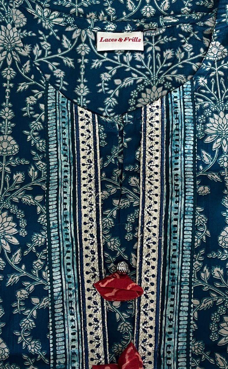 Teal Blue Garden Jaipur Cotton Kurti With Pant And Dupatta Set. Pure Versatile Cotton. | Laces and Frills
