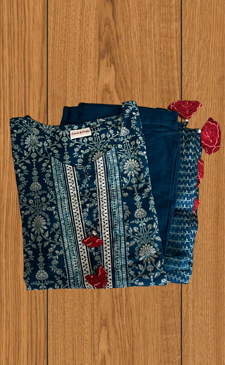 Teal Blue Garden Jaipur Cotton Kurti With Pant And Dupatta Set. Pure Versatile Cotton. | Laces and Frills