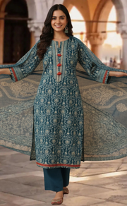 Teal Blue Garden Jaipur Cotton Kurti With Pant And Dupatta Set. Pure Versatile Cotton. | Laces and Frills - Laces and Frills