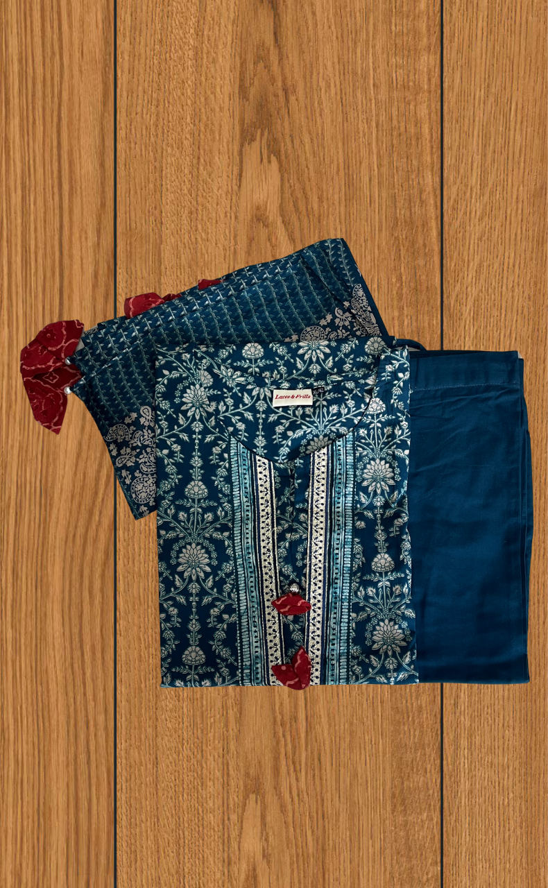 Teal Blue Garden Jaipur Cotton Kurti With Pant And Dupatta Set. Pure Versatile Cotton. | Laces and Frills