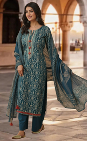 Teal Blue Garden Jaipur Cotton Kurti With Pant And Dupatta Set. Pure Versatile Cotton. | Laces and Frills - Laces and Frills