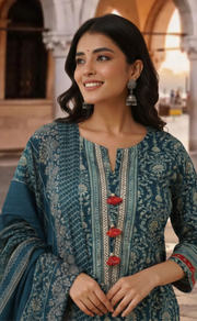 Teal Blue Garden Jaipur Cotton Kurti With Pant And Dupatta Set. Pure Versatile Cotton. | Laces and Frills - Laces and Frills