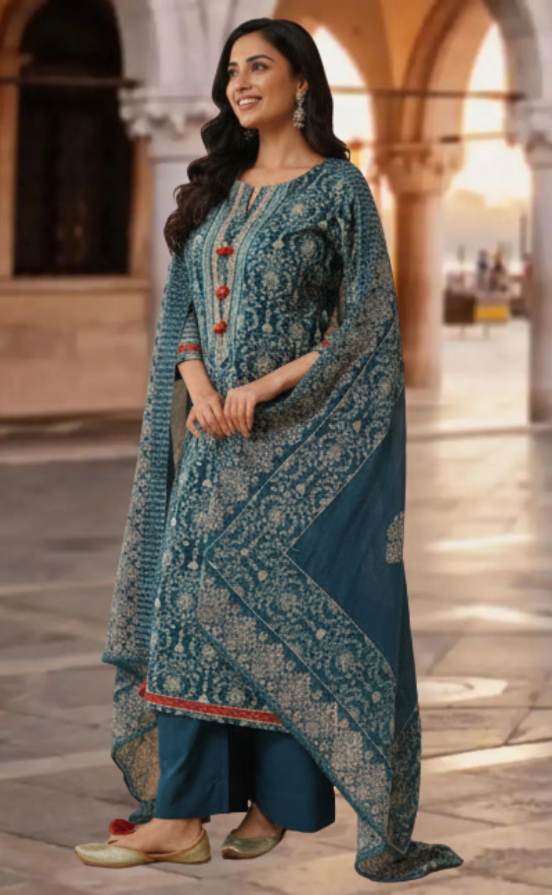 Teal Blue Garden Jaipur Cotton Kurti With Pant And Dupatta Set. Pure Versatile Cotton. | Laces and Frills - Laces and Frills