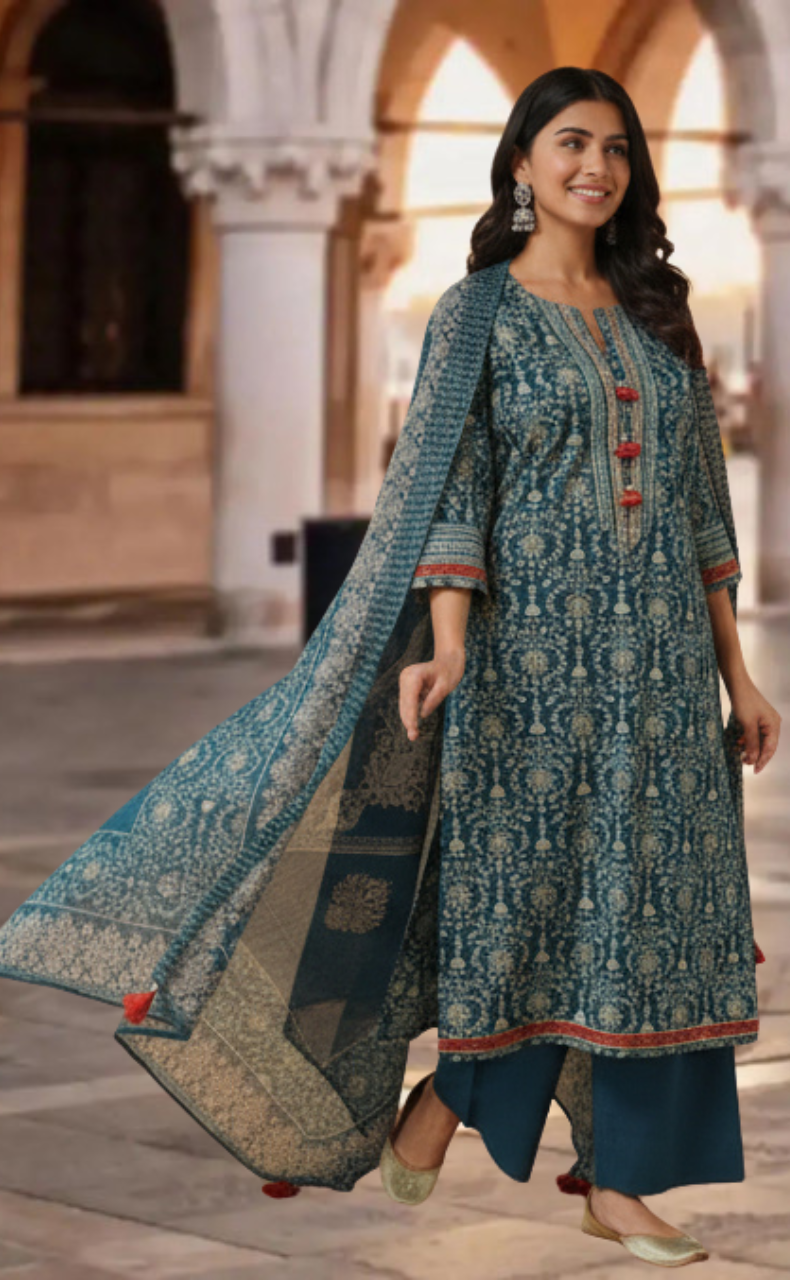 Teal Blue Garden Jaipur Cotton Kurti With Pant And Dupatta Set. Pure Versatile Cotton. | Laces and Frills - Laces and Frills
