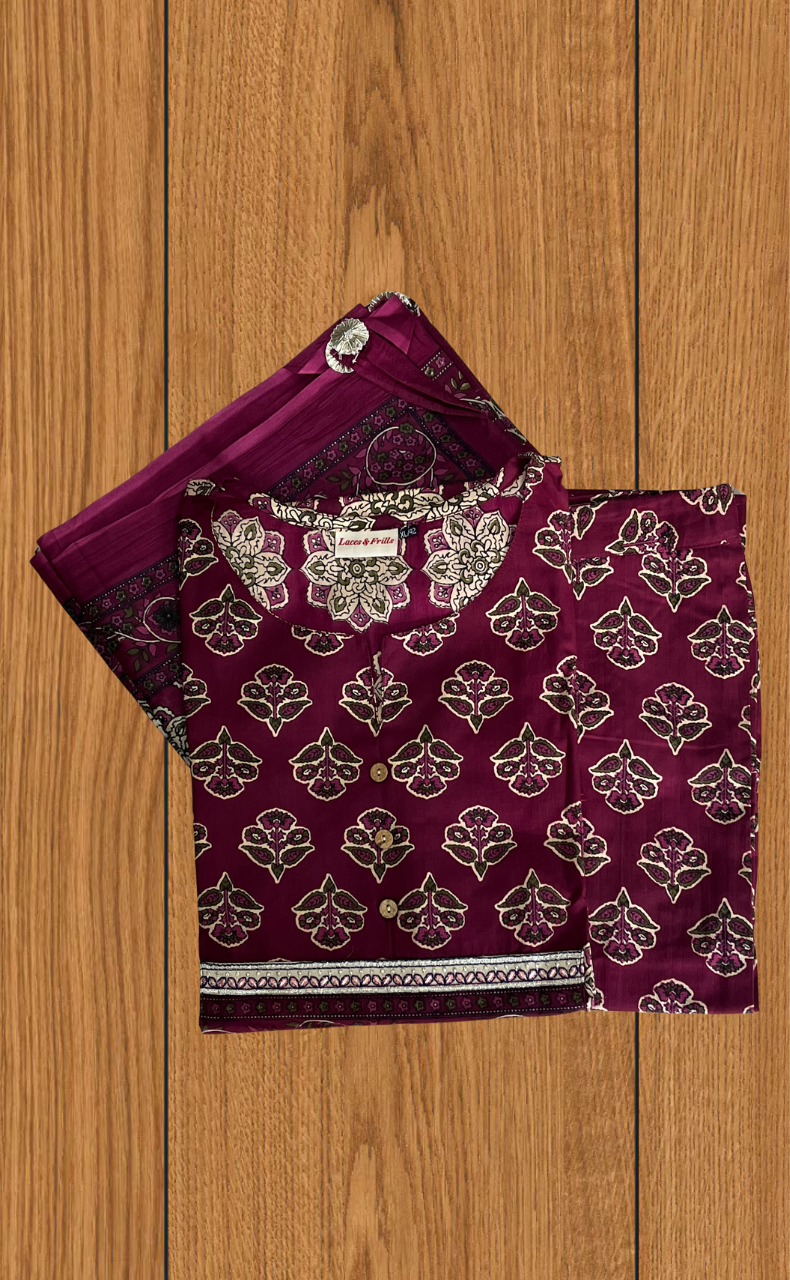Wine Colour Floral Jaipur Cotton Kurti With Pant And Dupatta Set. Pure Versatile Cotton. | Laces and Frills