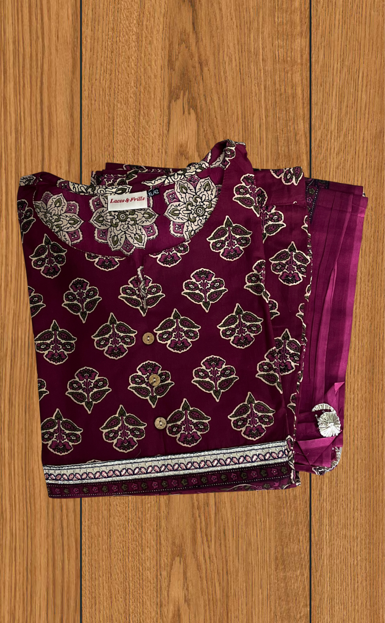Wine Colour Floral Jaipur Cotton Kurti With Pant And Dupatta Set. Pure Versatile Cotton. | Laces and Frills