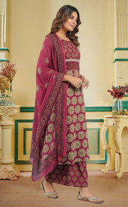 Wine Colour Floral Jaipur Cotton Kurti With Pant And Dupatta Set. Pure Versatile Cotton. | Laces and Frills - Laces and Frills