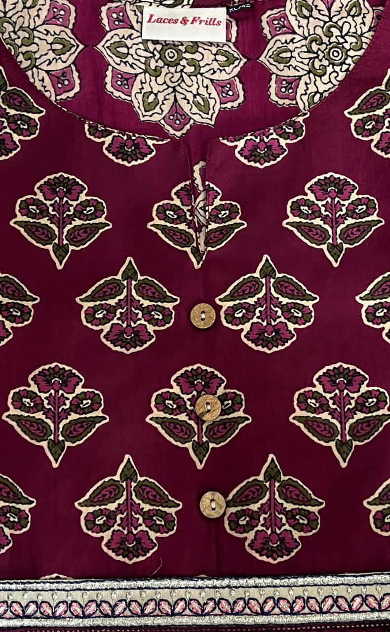 Wine Colour Floral Jaipur Cotton Kurti With Pant And Dupatta Set. Pure Versatile Cotton. | Laces and Frills