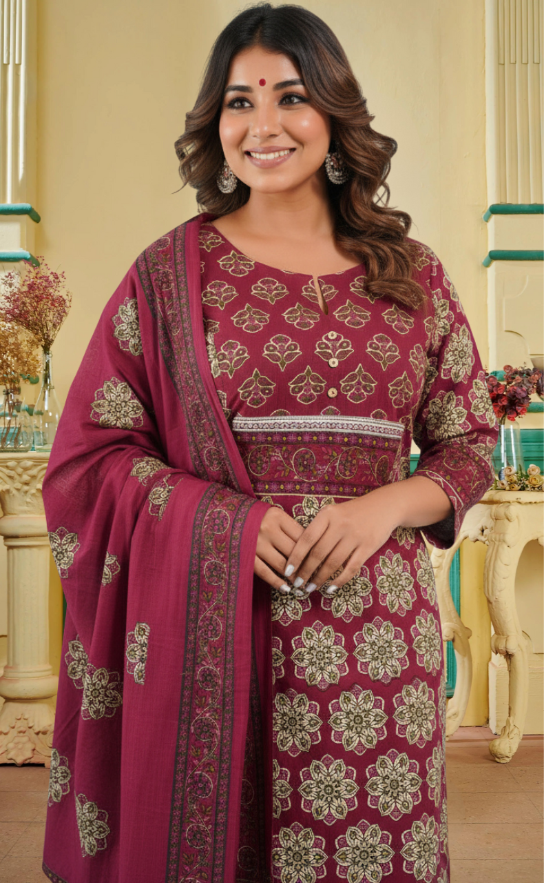 Wine Colour Floral Jaipur Cotton Kurti With Pant And Dupatta Set. Pure Versatile Cotton. | Laces and Frills