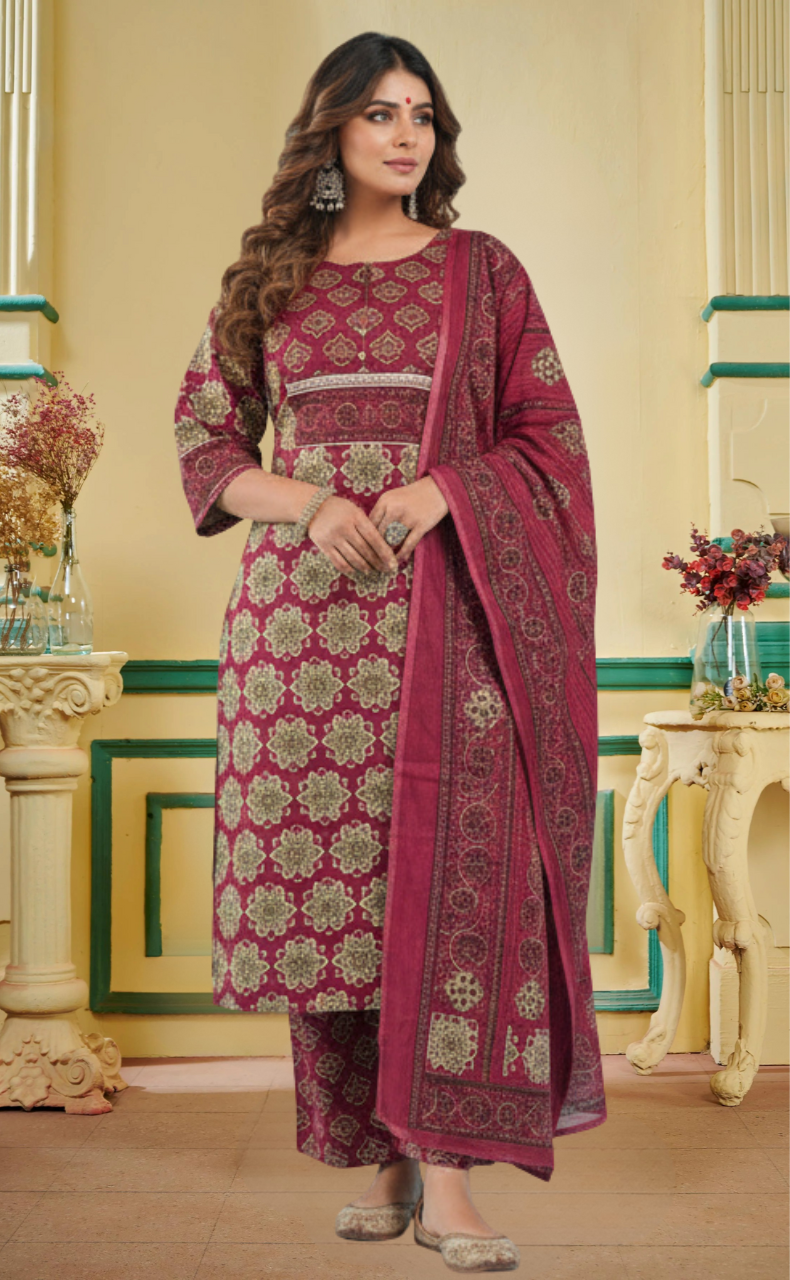 Wine Colour Floral Jaipur Cotton Kurti With Pant And Dupatta Set. Pure Versatile Cotton. | Laces and Frills