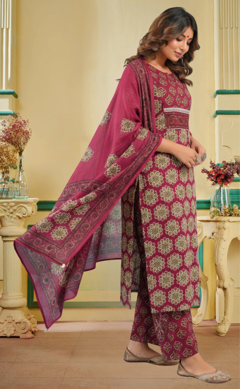 Wine Colour Floral Jaipur Cotton Kurti With Pant And Dupatta Set. Pure Versatile Cotton. | Laces and Frills