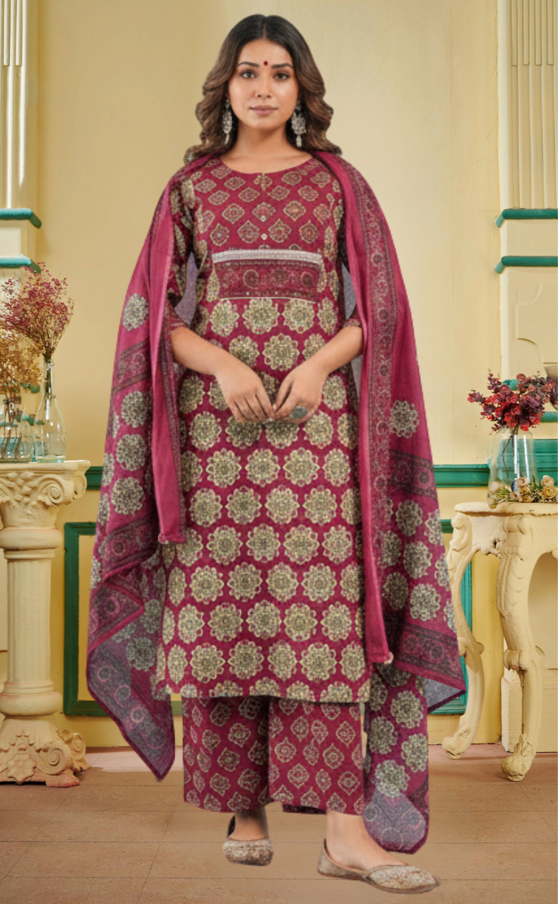 Wine Colour Floral Jaipur Cotton Kurti With Pant And Dupatta Set. Pure Versatile Cotton. | Laces and Frills