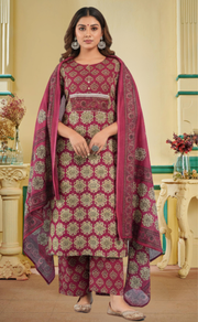 Wine Colour Floral Jaipur Cotton Kurti With Pant And Dupatta Set. Pure Versatile Cotton. | Laces and Frills - Laces and Frills