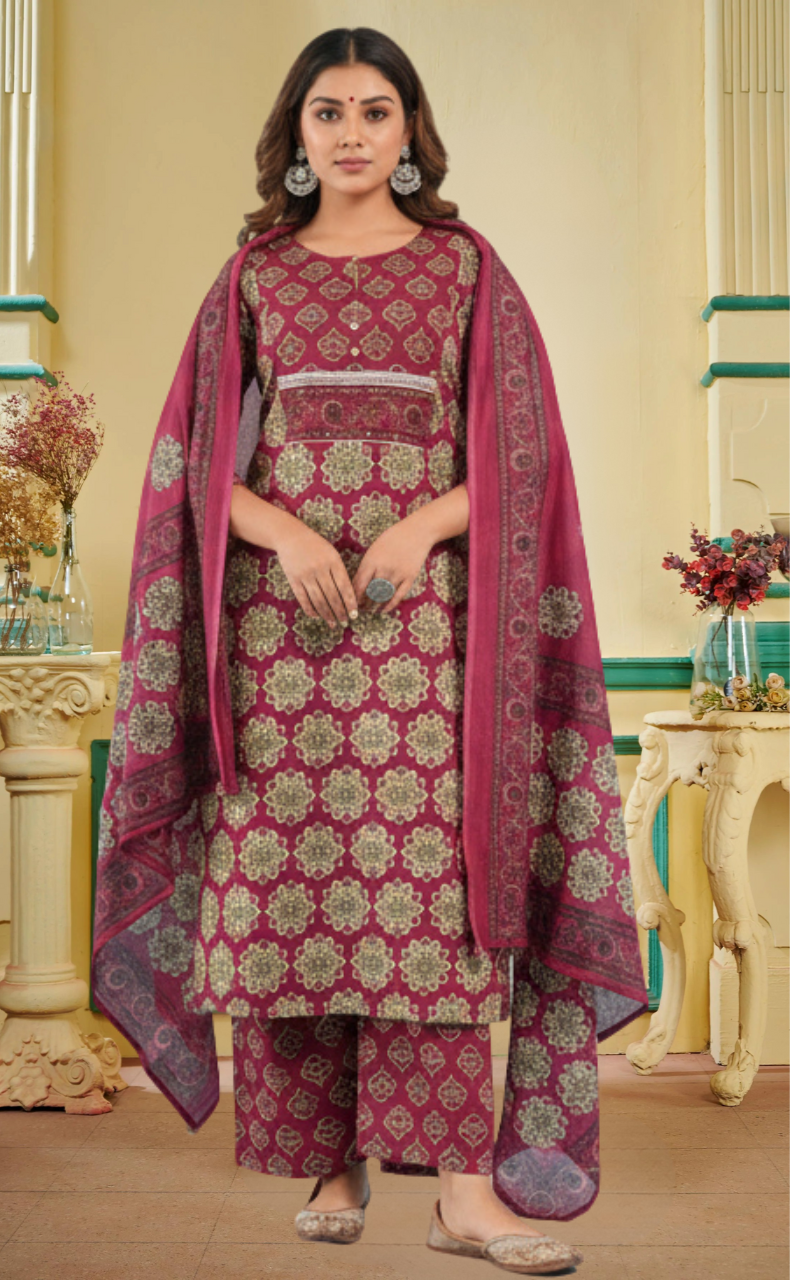 Wine Colour Floral Jaipur Cotton Kurti With Pant And Dupatta Set. Pure Versatile Cotton. | Laces and Frills - Laces and Frills