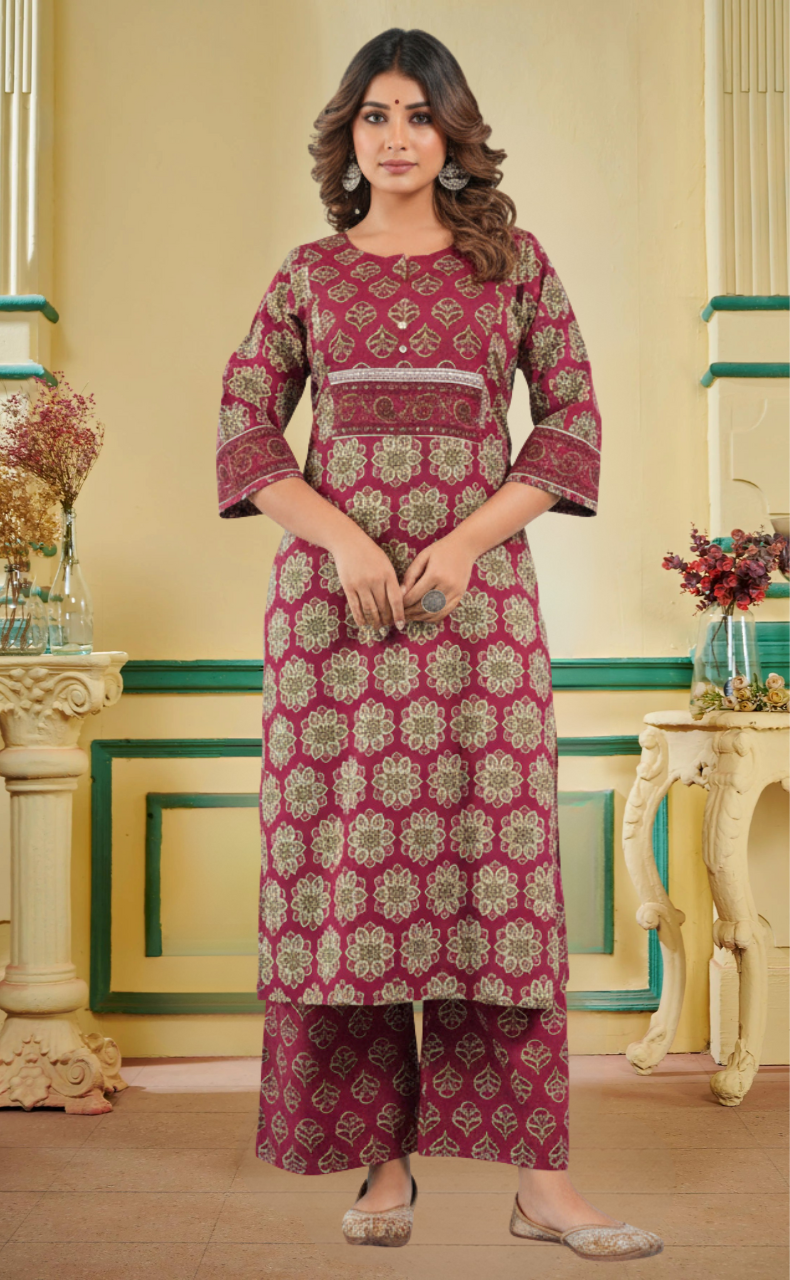 Wine Colour Floral Jaipur Cotton Kurti With Pant And Dupatta Set. Pure Versatile Cotton. | Laces and Frills