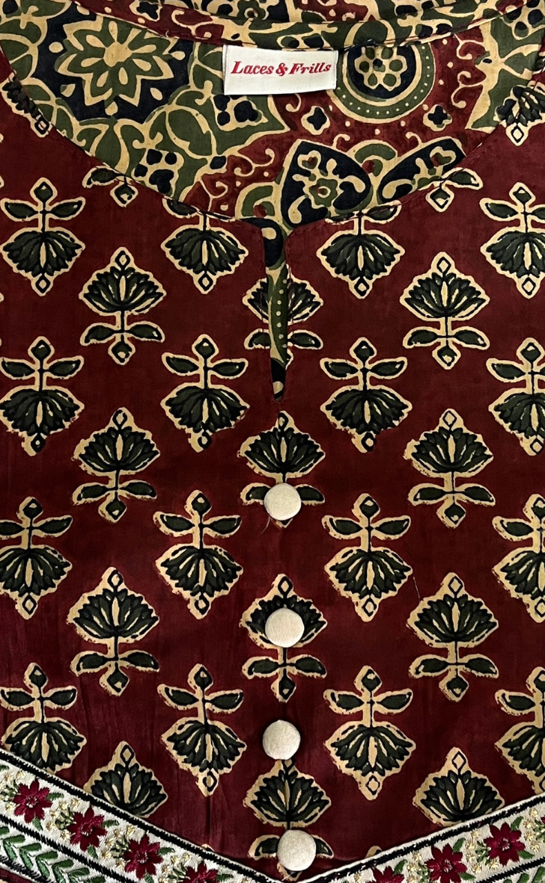 Dark Maroon Ajrakh Jaipur Cotton Kurti With Pant And Dupatta Set. Pure Versatile Cotton. | Laces and Frills