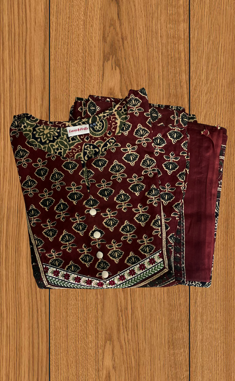 Dark Maroon Ajrakh Jaipur Cotton Kurti With Pant And Dupatta Set. Pure Versatile Cotton. | Laces and Frills