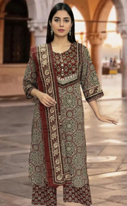 Dark Maroon Ajrakh Jaipur Cotton Kurti With Pant And Dupatta Set. Pure Versatile Cotton. | Laces and Frills - Laces and Frills