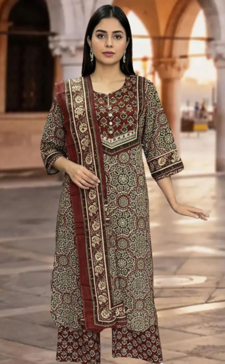 Dark Maroon Ajrakh Jaipur Cotton Kurti With Pant And Dupatta Set. Pure Versatile Cotton. | Laces and Frills - Laces and Frills